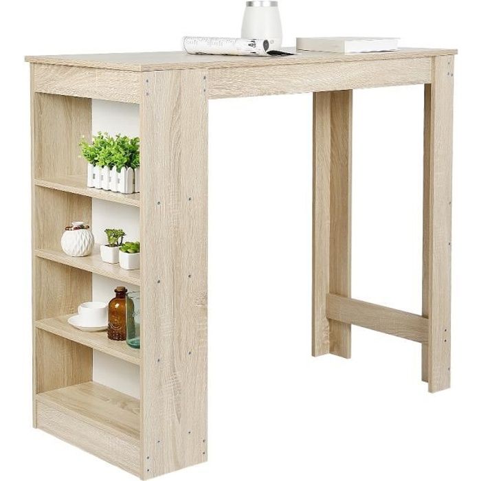 Table Haute de Bar Mange-debout Cuisine avec rangements – Décor chêne