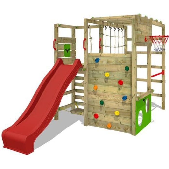 FATMOOSE Aire de jeux Portique bois ActionArena avec toboggan rouge Échafaudage grimpant avec mur d'escalade & accessoires de jeux