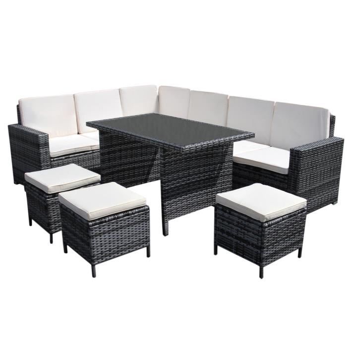 Ensemble Salon Jardin Mobilier en Rotin Gris Tabouret Table Canapé en L Coussin