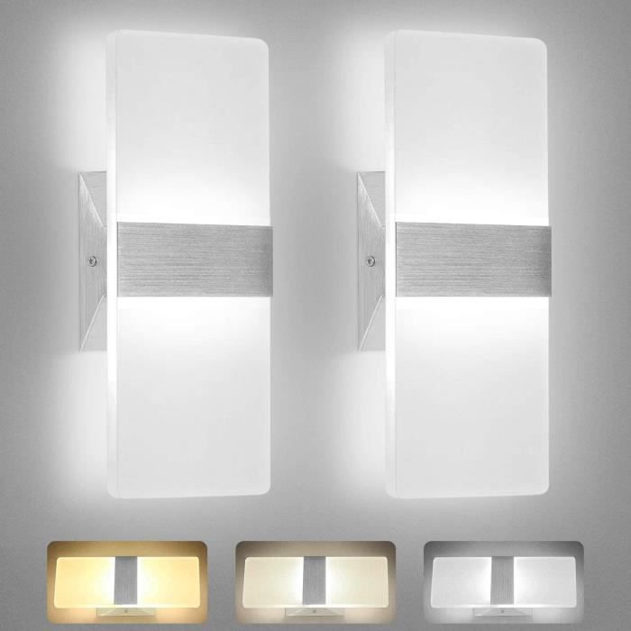 Juce® 2Pcs Applique LED Murale Interieur 12W Lampe Murale Blanc Froid Verre Design Simple AC 220V pour Chambre Salle de Bain 29CM