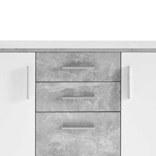 Commode Bobette avec 2 portes et 4 tiroirs. Fabriqué en aggloméré blanc avec un décor en béton.