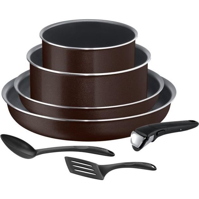 TEFAL L2389402 Batterie de cuisine 7 pièces INGENIO ESSENTIAL - Tous feux sauf induction - Fabriqué en France -Black Coffee pailleté