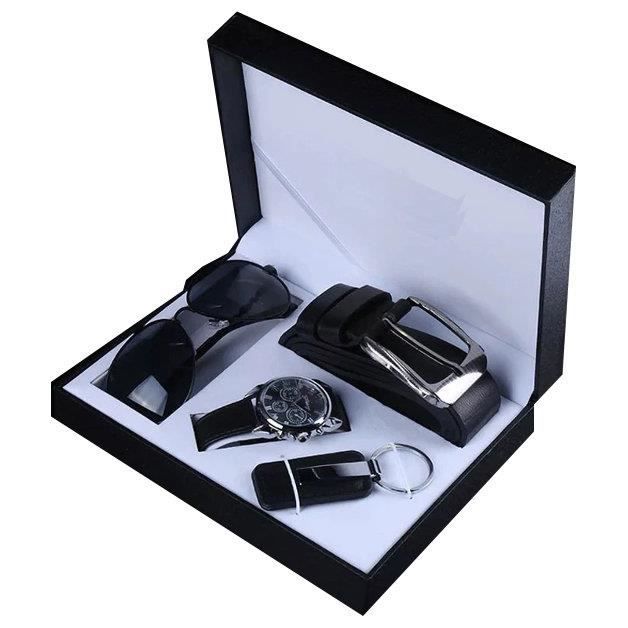 Coffret cadeau. Homme. Montre, lunettes, ceinture, porte-clé. V1. Noir