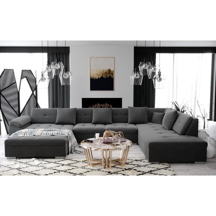 ATIS - Canapé d'angle panoramique XXL en U - en Tissu gris - Angle Droit