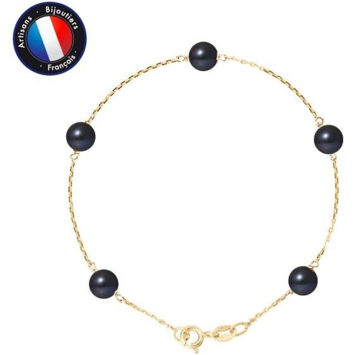 PERLINEA - Bracelet 5 Véritables Perles de Culture d'Eau Douce Rondes 6-7 mm Black Tahiti - Or Jaune - Bijoux Femme