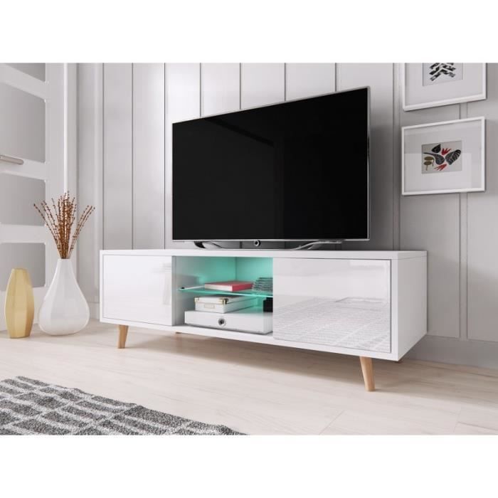 Meuble TV design EDEN 140 cm, 2 portes et 2 niches, coloris blanc mat et blanc brillant + LED. Type scandinave.: 42 Blanc