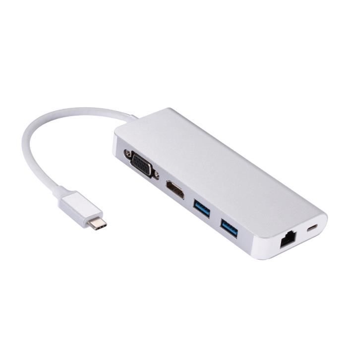 1 PC 6 en Adaptateur Hub Type-C vers HDMI Port VGA USB C 2 Ports réseau RJ45 pour ordinateur SWITCH - HUB ETHERNET - INJECTEUR