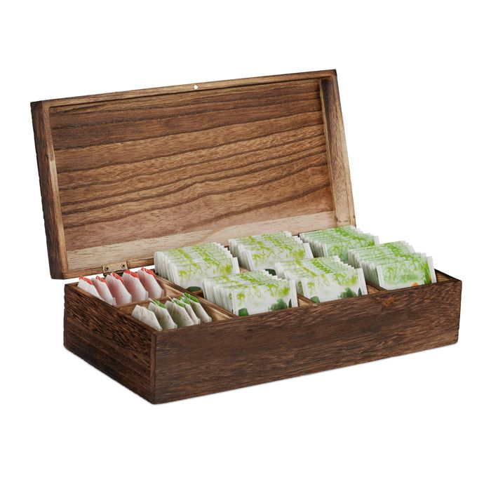 Relaxdays Boîte à thé coffret à thé organiseur bois 8 compartiments couvercle aromes HxlxP: 8,5 x 30,5 x 15,5 cm, marron
