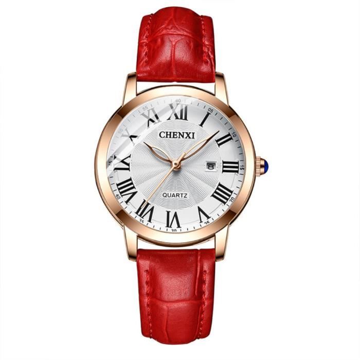SHARPHY Montre femme de marque de luxe vrai cuir rouge , Rétro et élégante