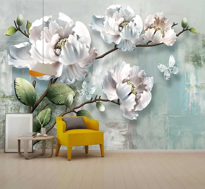 Papier Peint Panoramique 3D Fleurs Roses Feuilles Peintes À La Main ...