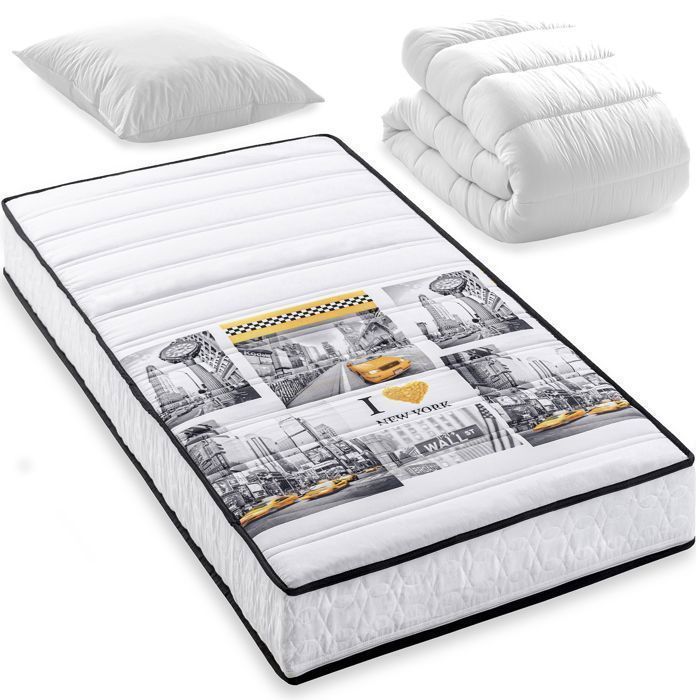 Pack Soho Matelas 90x190 cm New York + couette + oreiller. 5 zones de confort. Épaisseur epaisseur 15 cm – Fabriqué en Belgique Pack Soho Matelas 90x190 cm New York + couette + oreiller. 5 zones de confort. Épaisseur epaisseur 15 cm – Fabriqué en Belgique