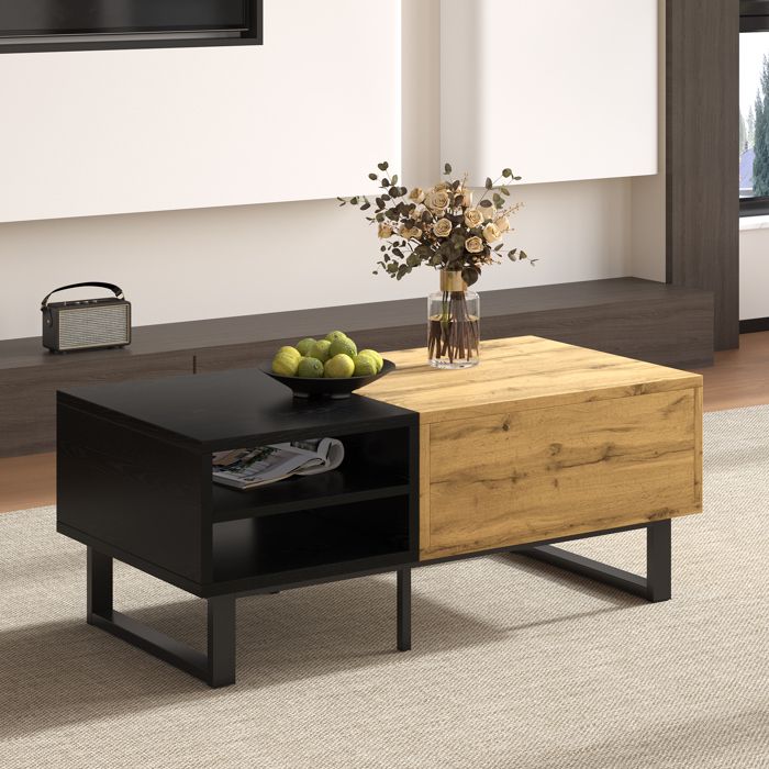 Table Basse - TANANT - 100x50x40 cm - Bois et Noir - 1 Tiroir - 3 Étagères de Rangement
