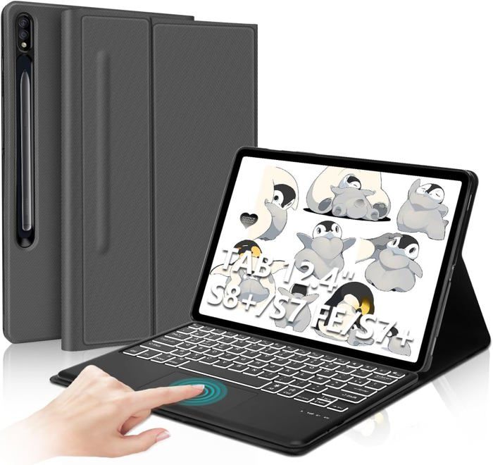 Clavier pour Samsung Galaxy Tab S7 FE/S7 Plus/S7+/S8+ 124 Clavier rétro-éclairé 7 Couleurs AZERTY avec pavé TactileGris