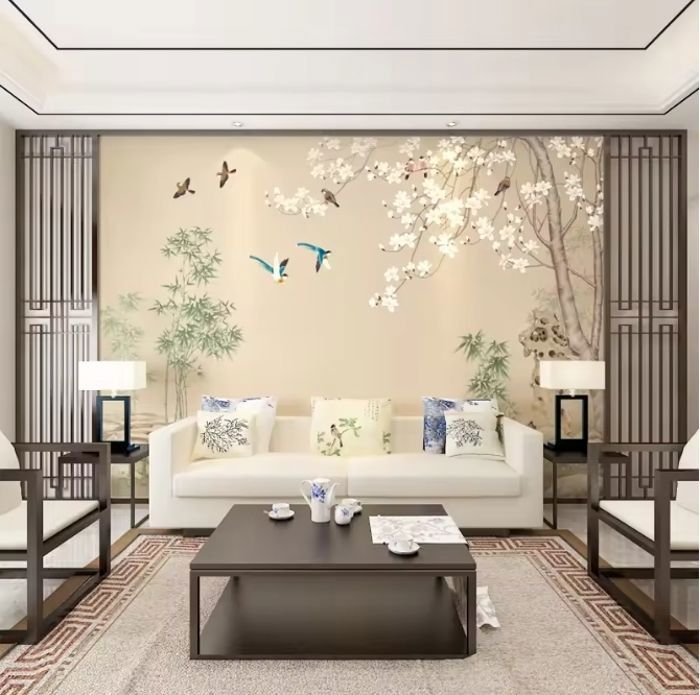 Papier Peint Panoramique Nouveau canapé fleur et oiseau peint à la main de style chinois fond de télévision murale 3D 350x250cm