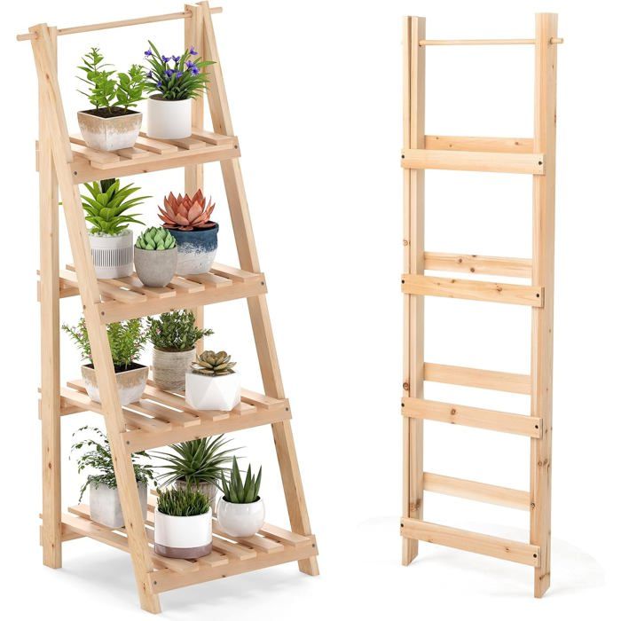 COSTWAY Porte-Plante Échelle Pliable à 4 Niveaux Cadre en Bois de Sapin Intérieur Extérieur pour Jardin Patio Salon BalconNature