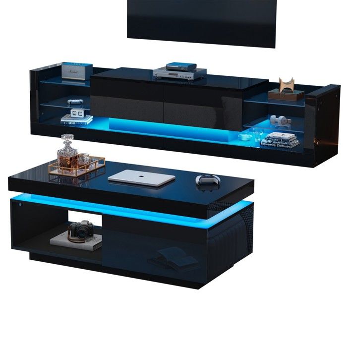 Ensemble meuble TV mural noir brillant + table basse LED - Moderne salon lumineux - Design élégant avec éclairage intégré Ensemble meuble TV mural noir brillant + table basse LED - Moderne salon lumineux - Design élégant avec éclairage intégré