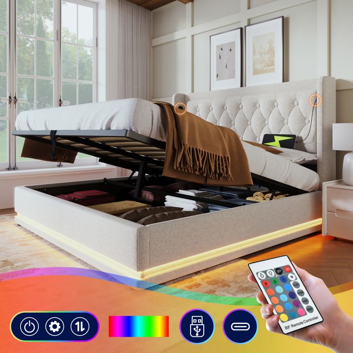 Lit coffre - SINGULARITY - AB20149798B - 160 x 200 cm - Beige coton - Rangement hydraulique LED 3 faces USB Type-C