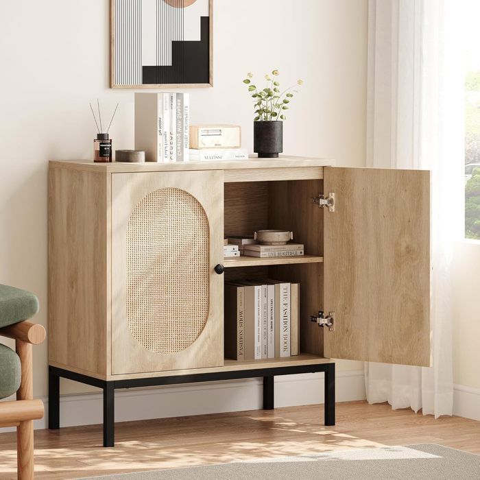 Buffet de Cuisine - PROMIRACAL - Rotin Naturel - MDF - 80cm - Poignées Métal - Beige