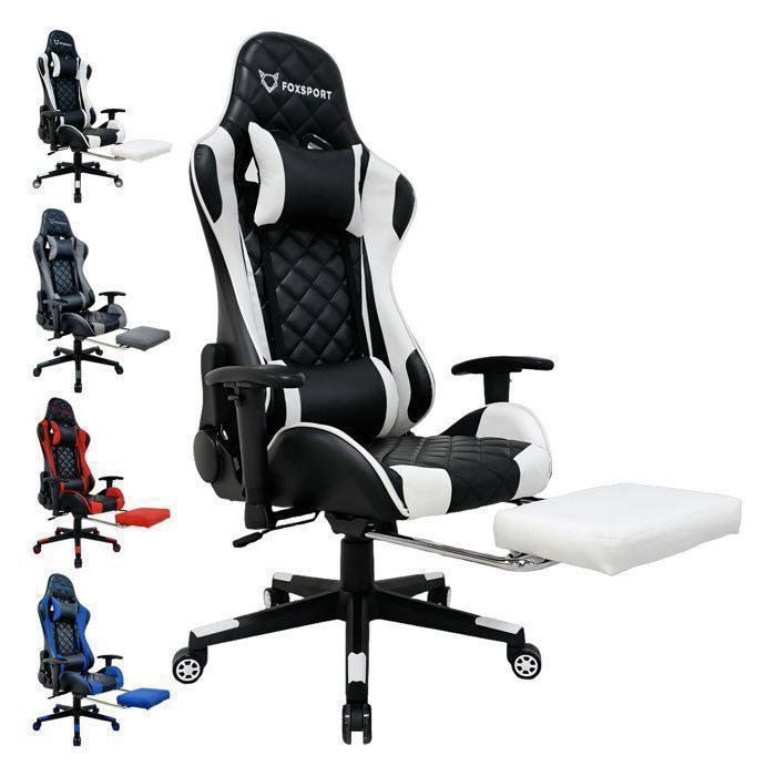 Chaise de gaming - FOXSPORT - Dossier inclinable 90°-180° - Accoudoirs réglables - Repose-Pieds - Charge150kg -Blanc et Noir