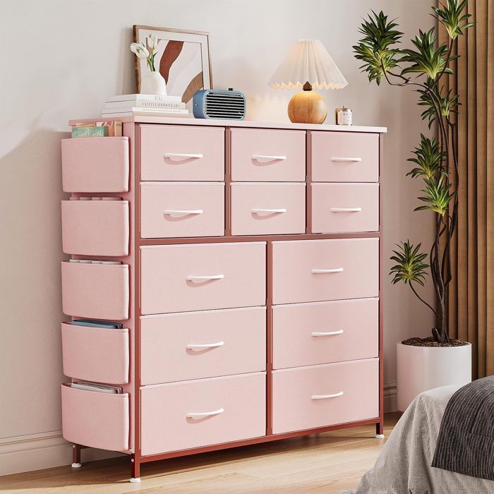 Commode 12 tiroirs - HOERFURIY - Style Moderne - Rose - Acier 1.2mm - 120x45x80cm