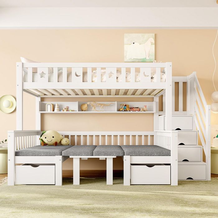 Lit mezzanine - 90x200 2-en-1 - Bureau pliant - Rangement escalier - Bois blanc