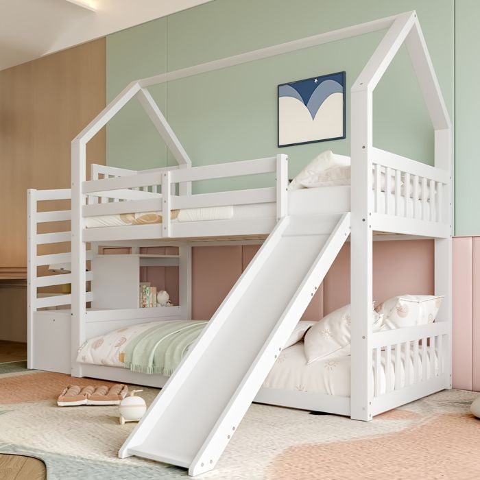 Lit détage avec escalier de rangement et glissière lit de maison (sans matelas) lit denfant avec balustrade adapté aux