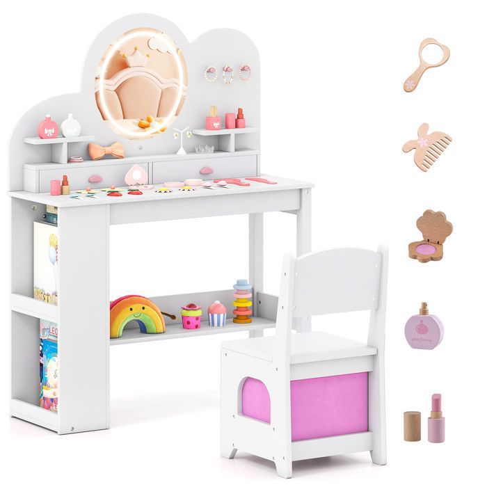 COSTWAY Coiffeuse Enfant et Chaise - 5 Accessoires Miroir Éclairé 2 Tiroirs Bibliothèque 3 Crochets et 2 Étagères Ouvertes Blanc