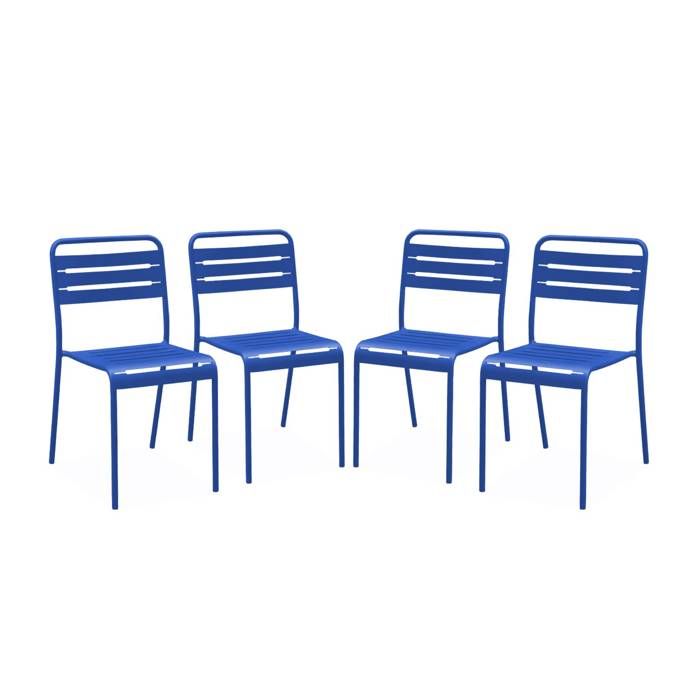 Lot de 4 chaises de jardin acier. 4 places. bleu électrique. Amelia. L44 x P52 x H79cm Lot de 4 chaises de jardin acier. 4 places. bleu électrique. Amelia. L44 x P52 x H79cm