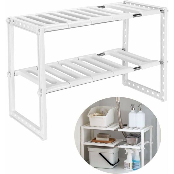Etagère de rangement sous évier - PZCC - Extensible - Longueur réglable 38-70 cm - Charge 14 kg - Blanc