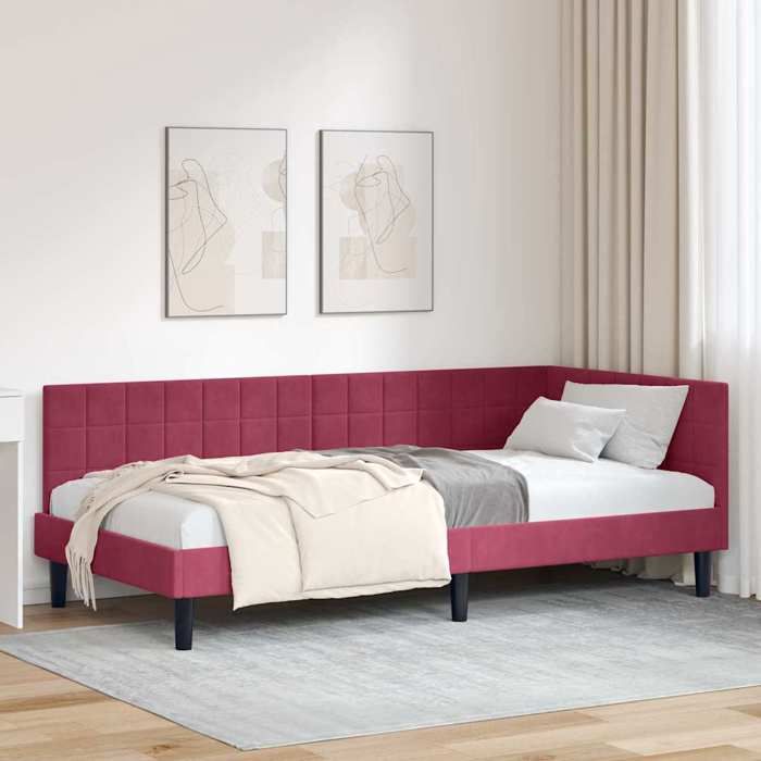 Cadre de lit dangle en velours - UU - 90x200 cm - Bordeaux - Design en L - Polyvalent canapé-lit