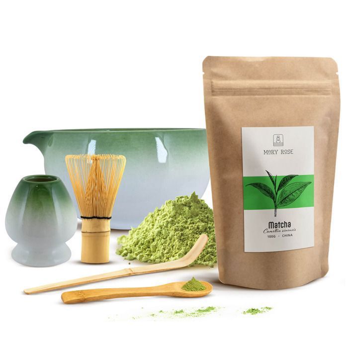 Matcha Set Thé Traditionnel - Mary Rose - 100 g - Bol Dégradé de Vert 420 ml - Accessoires en Bambou Chasen