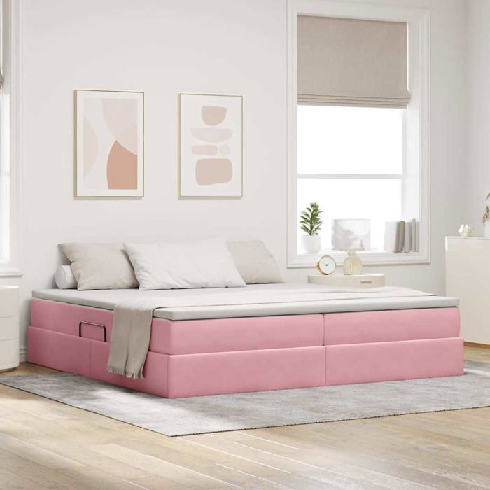 Lit avec rangement et matelas - vidaXL - Rose - Velours - 200x200 cm - Cadre métal - Rangement spacieux