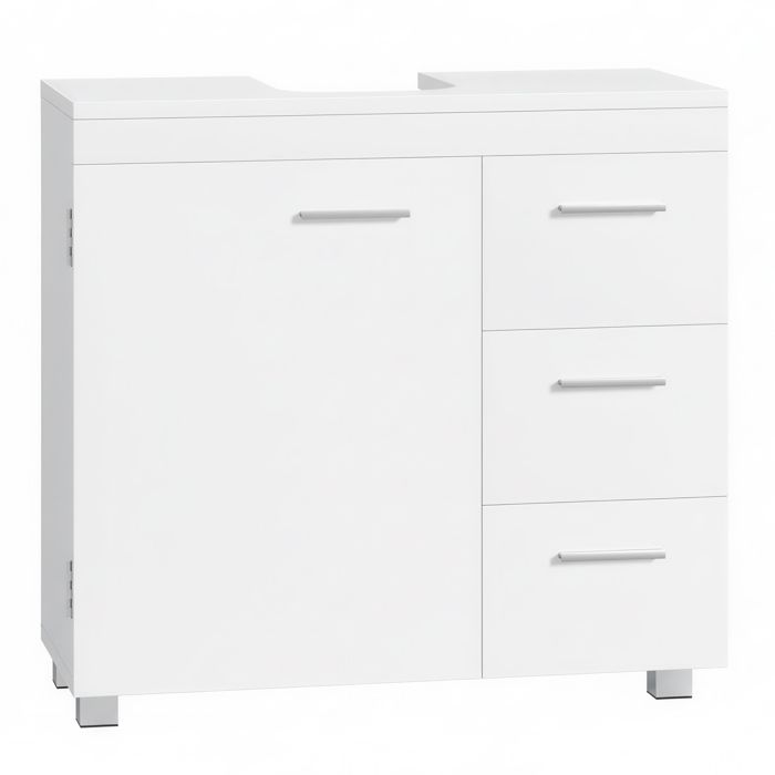 Meuble sous Lavabo 3 Tiroirs Latéraux 2 Cases Derrière la Porte avec Pieds 30 x 70 x 64 cm Blanc Nuage