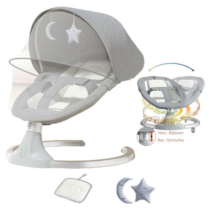 Transat bebe - Balancelle electrique - Magic ZC - Mode fauteuil inclinable et mode siège Télécommande Moustiquaire Jusquà 15kg Gris