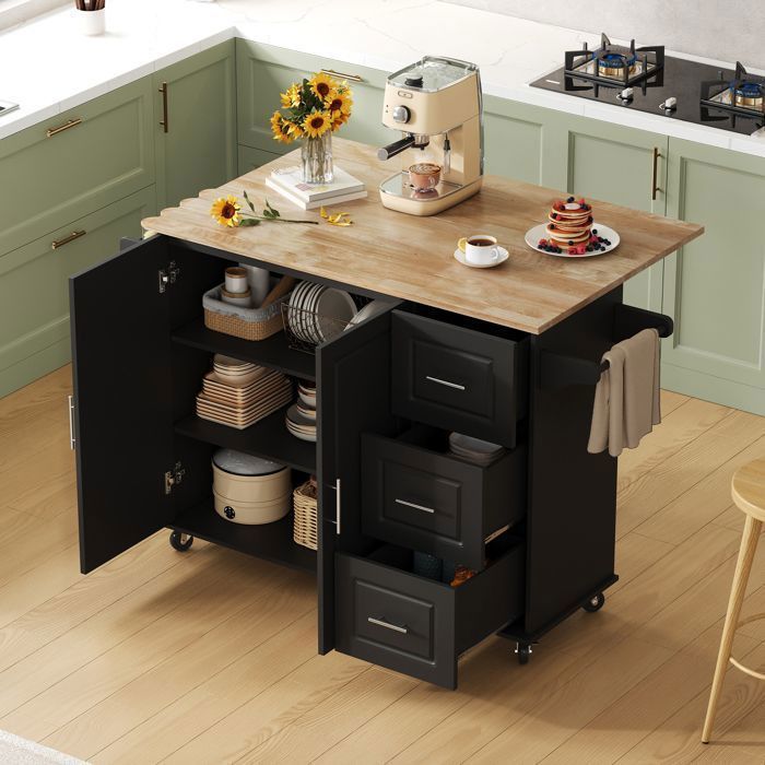 Îlot de cuisine - HIBA - Îlot de Cuisine Mobile Multifonction - Plateau chêne pliable - 3 tiroirs - 2 portes - Noir
