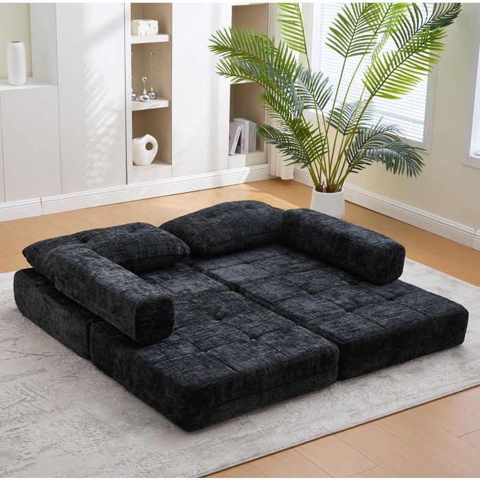 Canapé-lit pliable en chenille noir avec coussins tête et lombaires