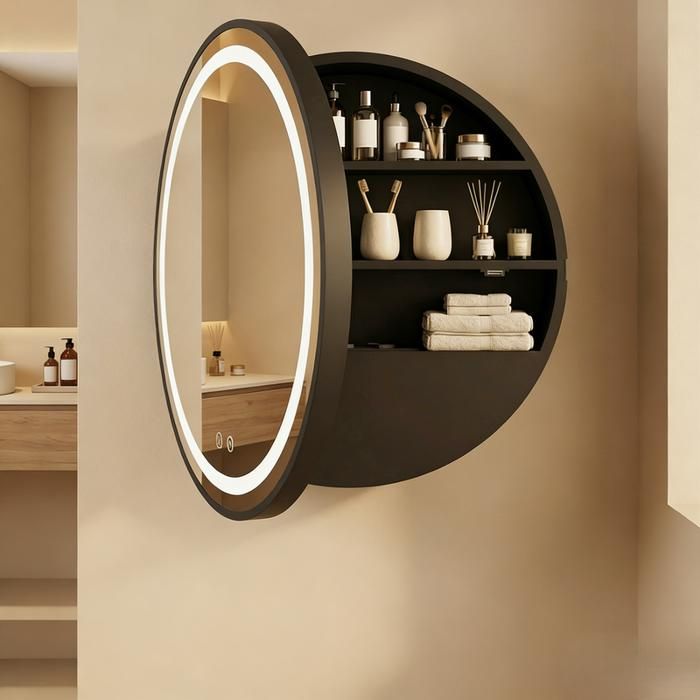 Armoire miroir salle de bain murale - Miroir rond antibuée & 3 rangements - Éclairage LED réglable - 2AC+2USB prise - 50x50x15 cm