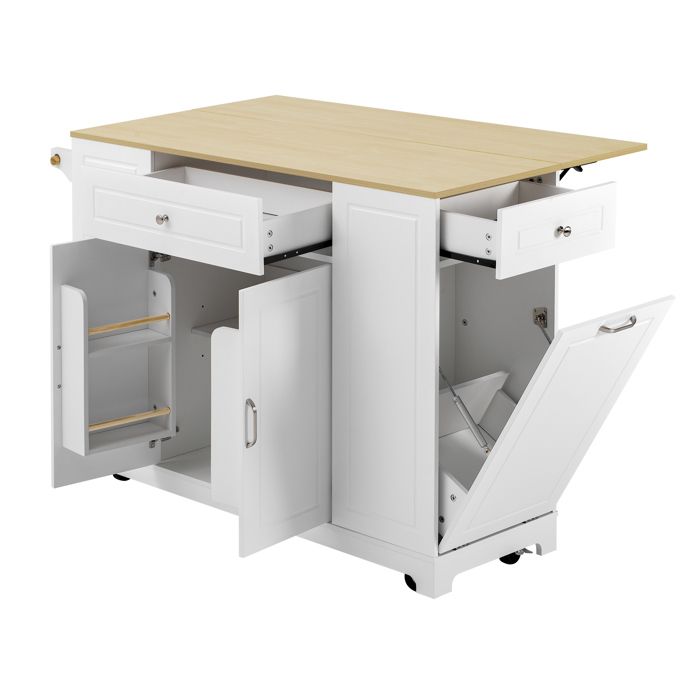 VLIVRA Desserte de Cuisine avec Plateau Rabattable Compartiment Poubelle et Prises en MDF - 131 8×40-70×93 3 cm - blanc