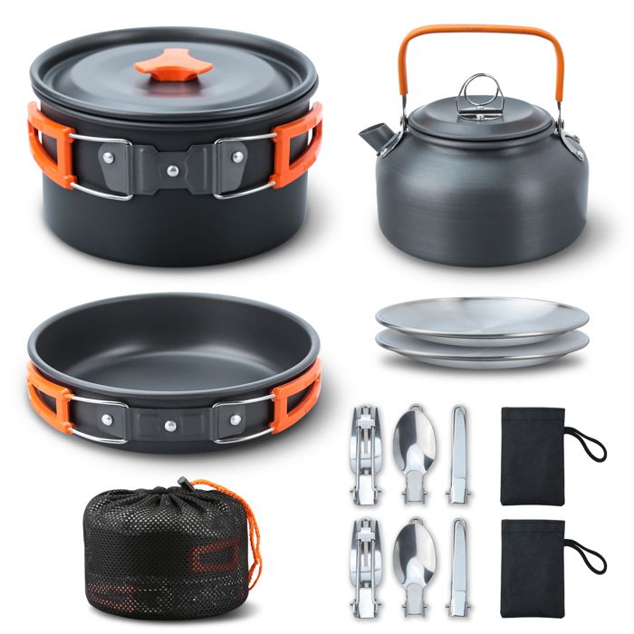 Set de cuisine camping 16pcs - Shipenophy - Poignée orange - Portable - Casseroles/poêles/assiettes - Randonnée