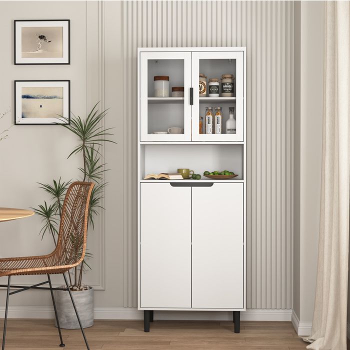 Armoire de rangement haute blanche en MDF 4 portes vitrées meuble de rangement montage nécessaire