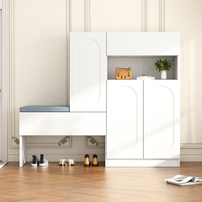 Armoire/banc à chaussures 2 en 1 tendance compartiments réglables et assise rembourrée Blanc 130 cm