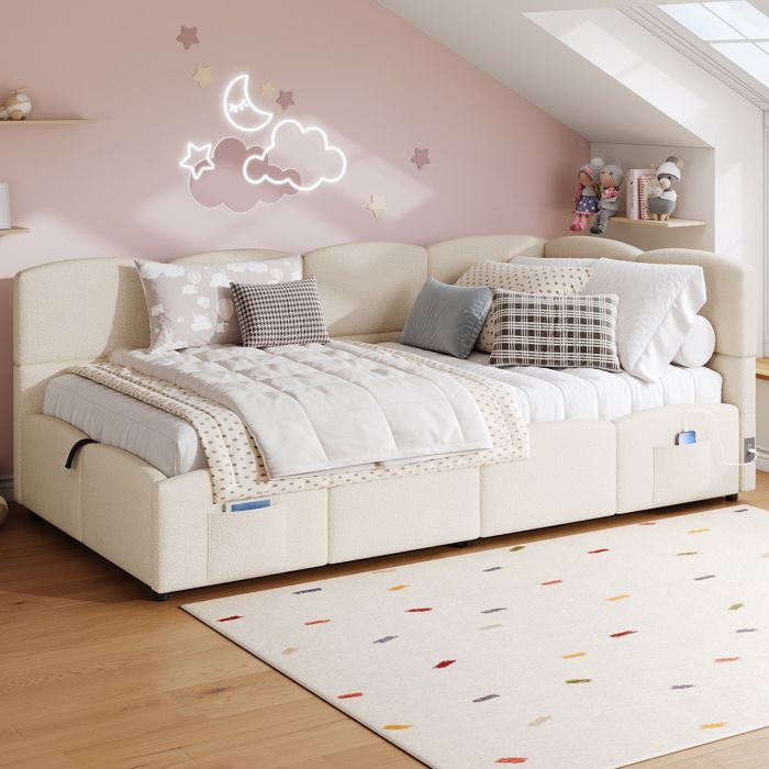 Bladez - Lit capitonné 90x200 cm Lit enfant Lit simple en velours avec coffre hydraulique charge USB/Type-C- Beige
