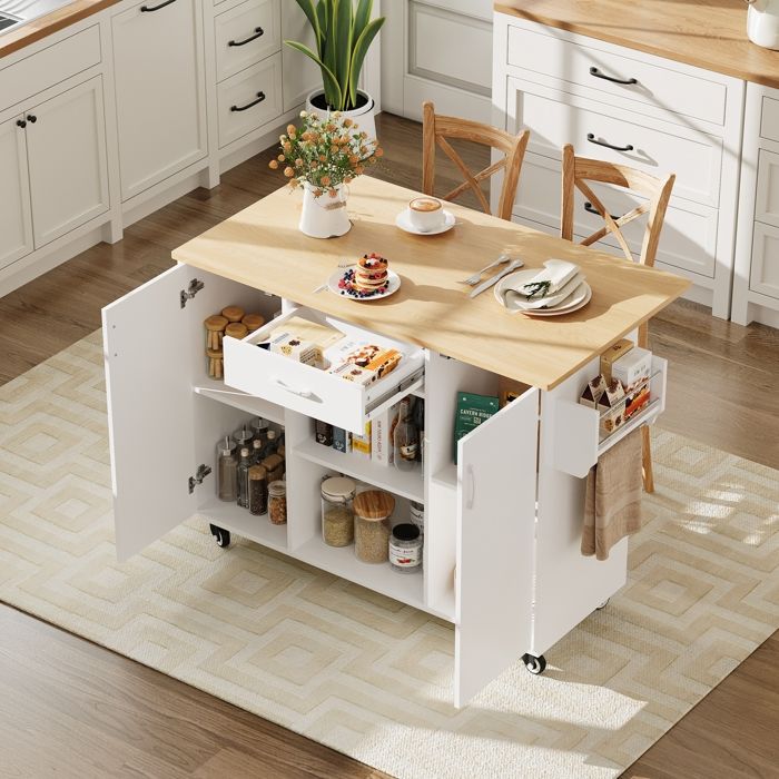 Desserte Cuisine avec Plan de Travail Pliant îlot Central Cuisine à Roulettes Chariot de Service 120x43.5-67.5x92.9cm Blanc