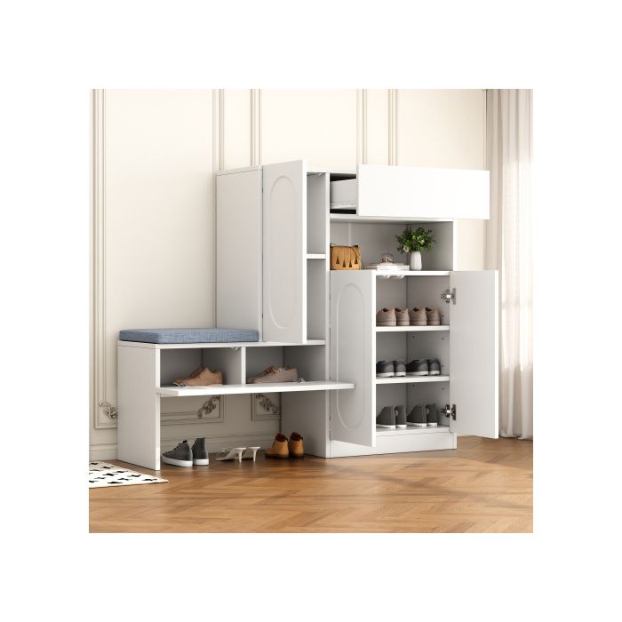 Armoire à chaussures 2en1 à portes bombées compartiments ajustables + banquette rembourrée blanc 130×35×110cm