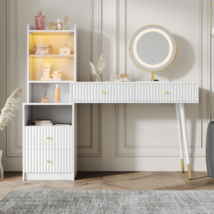 Ensemble coiffeuse avec miroir LED 4 tiroirs 1 armoire à porte vitrée 1 compartiment de rangement ouvert blanc 100 x 40 x 125 cm Ensemble coiffeuse avec miroir LED 4 tiroirs 1 armoire à porte vitrée 1 compartiment de rangement ouvert blanc 100 x 40 x 125 cm