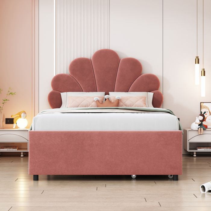Lit enfant - KOMHTOM - Tête fleurie - 90x200 cm - 2 tiroirs - Velours doux Lit enfant - KOMHTOM - Tête fleurie - 90x200 cm - 2 tiroirs - Velours doux