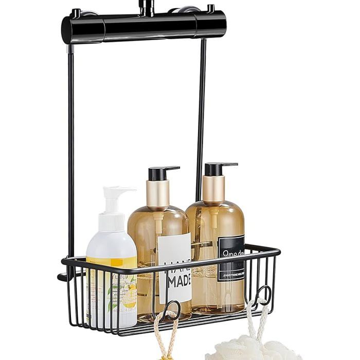 Étagère Suspendre Panier Douche Acier Inoxydable Noir Mat sans Percage pour Salles de Bains Compactes Rangement Noir Mat