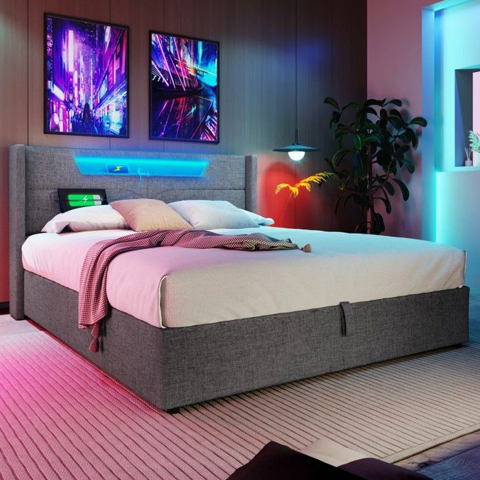 Lit double 160x200 gris lin rembourré lit coffre rangement LED charge USB-C sommier lattes adolescent sans matelas Lit double 160x200 gris lin rembourré lit coffre rangement LED charge USB-C sommier lattes adolescent sans matelas