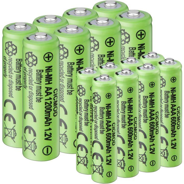 Piles Rechargeables Ni-MH 16pc Batterie Rechargeable AA et AAA 8Pc AA 1200mAh et 8Pc AAA 600mAh 1.2V pour Produits Solaires