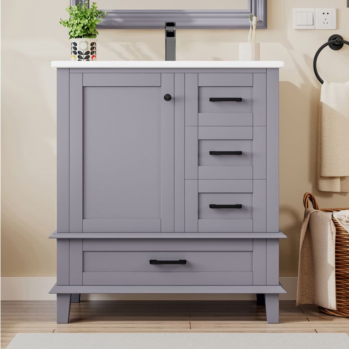 Meuble de salle de bains sur pied 76x46x83 5cm avec lavabo intégré 3 tiroirs silencieux et porte de rangement gris